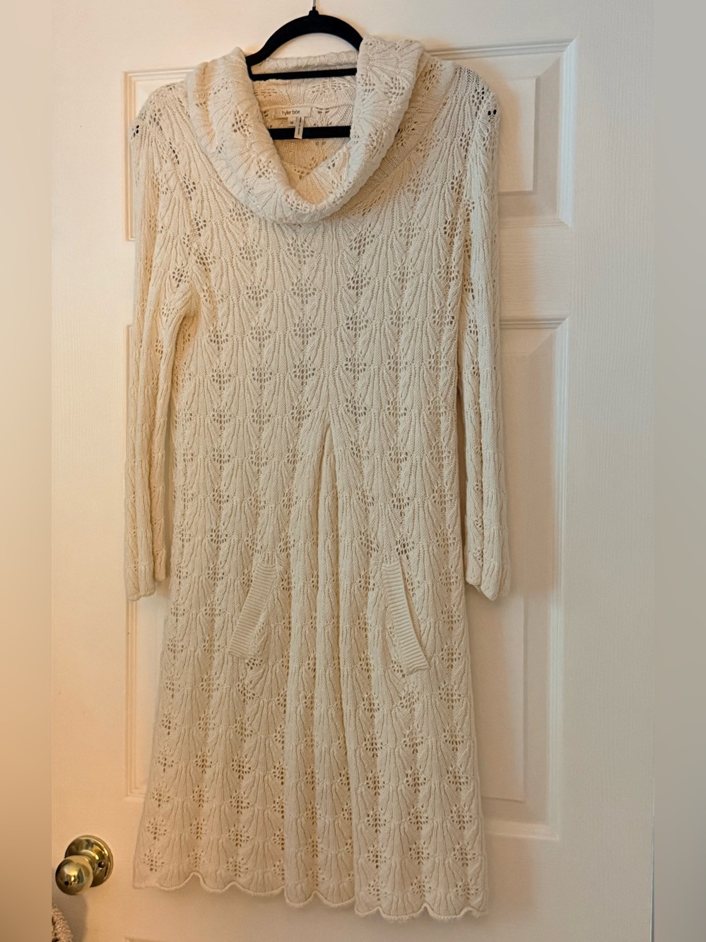 tyler böe Ivory Pointelle Cashmere Knit Cowl Neck Sweater Dress with Pockets